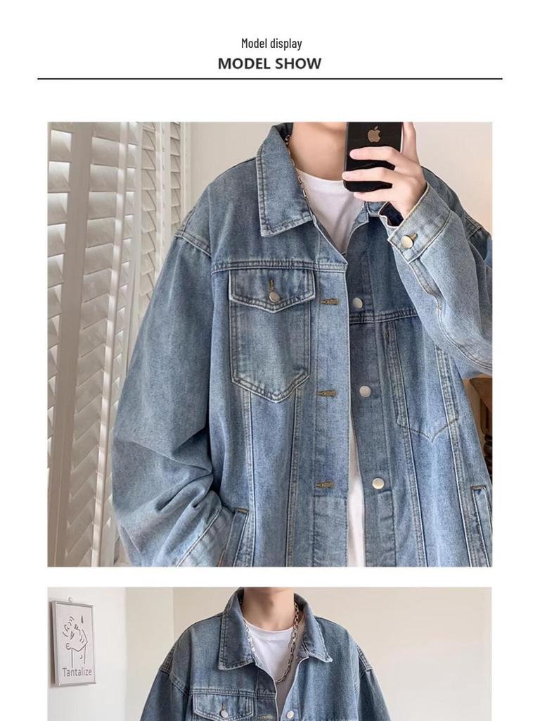 Veste en jean rétro pour homme - Streetwear décontracté Printemps/Automne, Col rabattu polyvalent, Style workwear élégant.