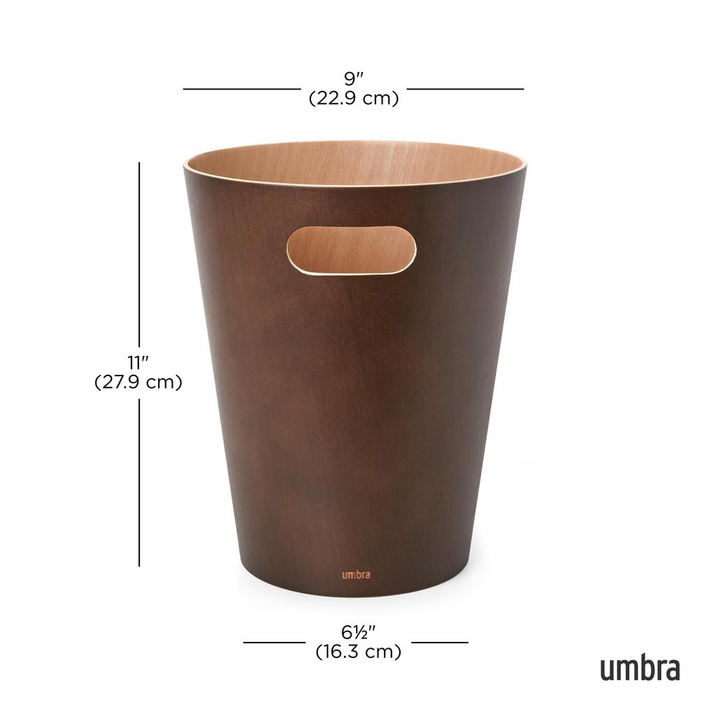 Umbra Woodrow Lidless Wooden Trash Natural Solid Stylish Light Espresso Can, Round, Pail, Can, Dustbin, Bentwood, Wood, Design, 7.5L,