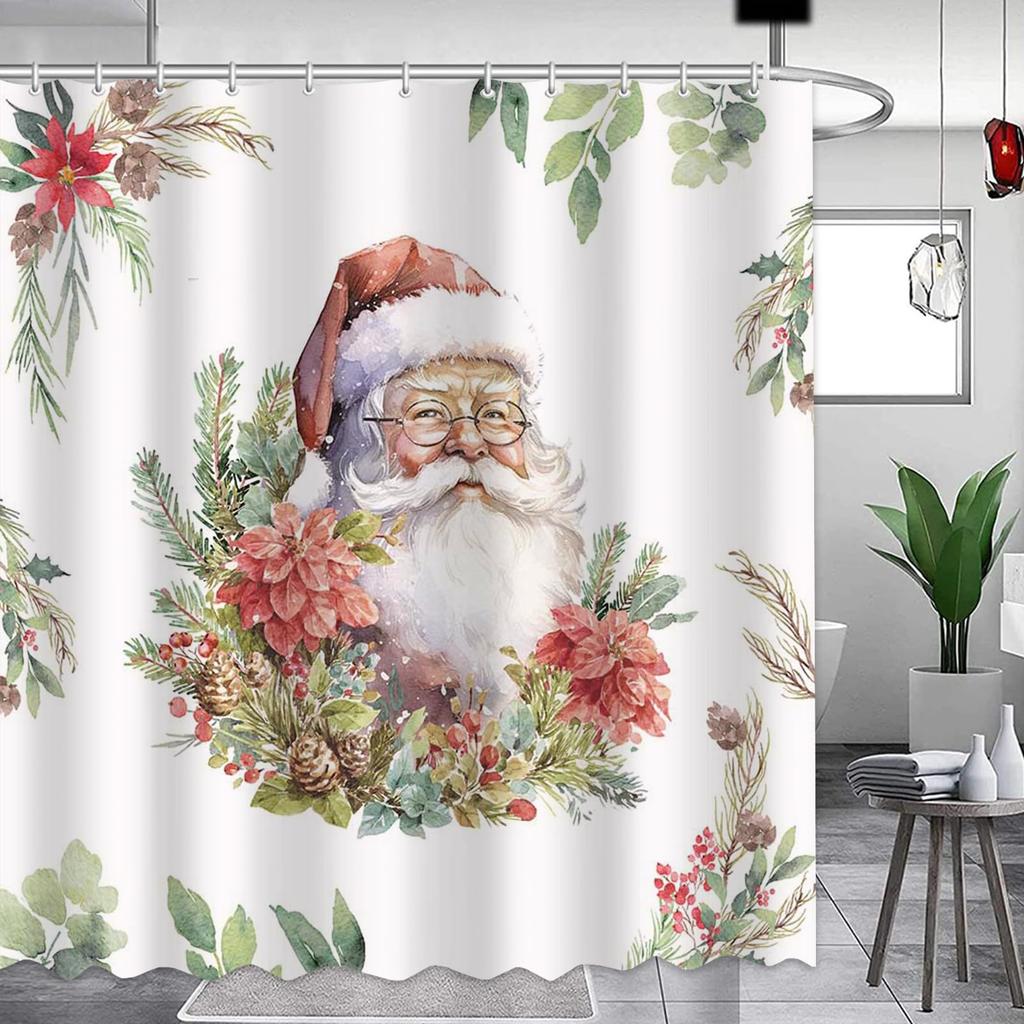 Christmas Shower Curtain Funny Santa Claus Shower Curtain Retro Xmas Holiday Washable Bathroom Decor Bath Curtain With Hooks