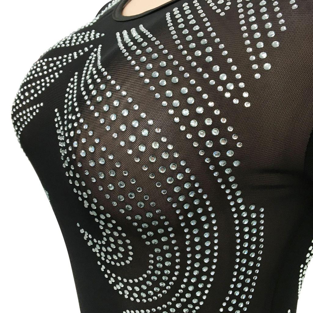 Rhinestone Mesh See-through Long Sleeve Nightclub Dress