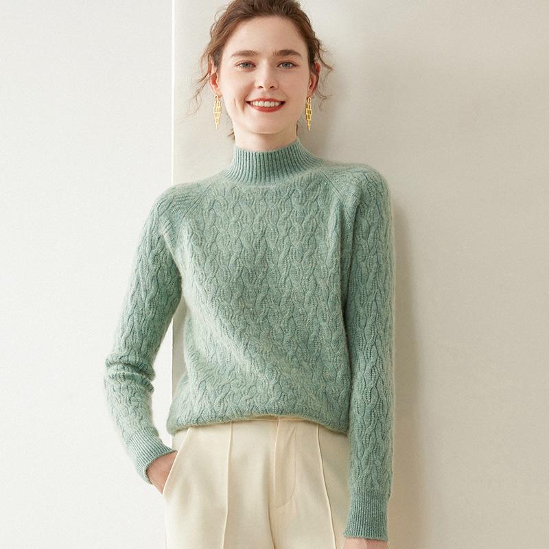 Women's Cable Knit Half-High Neck Cashmere Sweater - Loose, Thick, Warm Base Layer