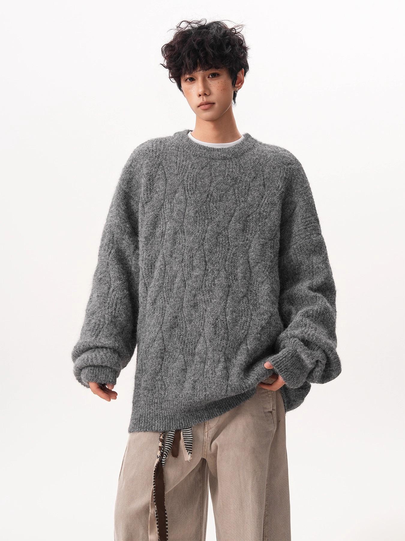 Unisex Retro Textured Crew Neck Sweater - Autumn/Winter Loose Fit Pullover L