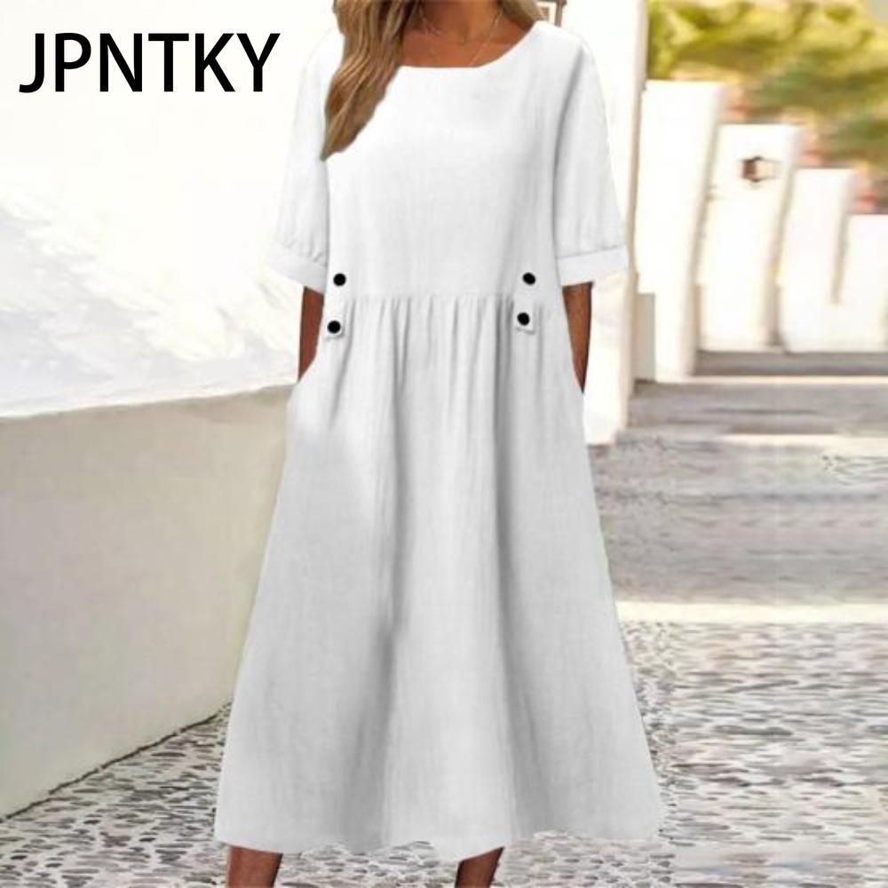 JPNTKY Women's Loose Fit Midi Dress Double Pockets Button Decoration Round Neck Short Sleeve Summer Boho Workwear Dress