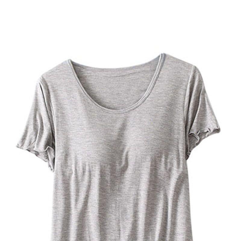 Women Casual Short Sleeve Nightgown Solid Color Pajama Dress with Bra Pad