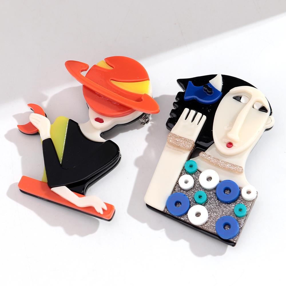 Cute Abstract Lady Acrylic Brooches Pins for Women Personalized Funny Cartoon Girls Figure Resin Badge Jewelry Accessories Gifts