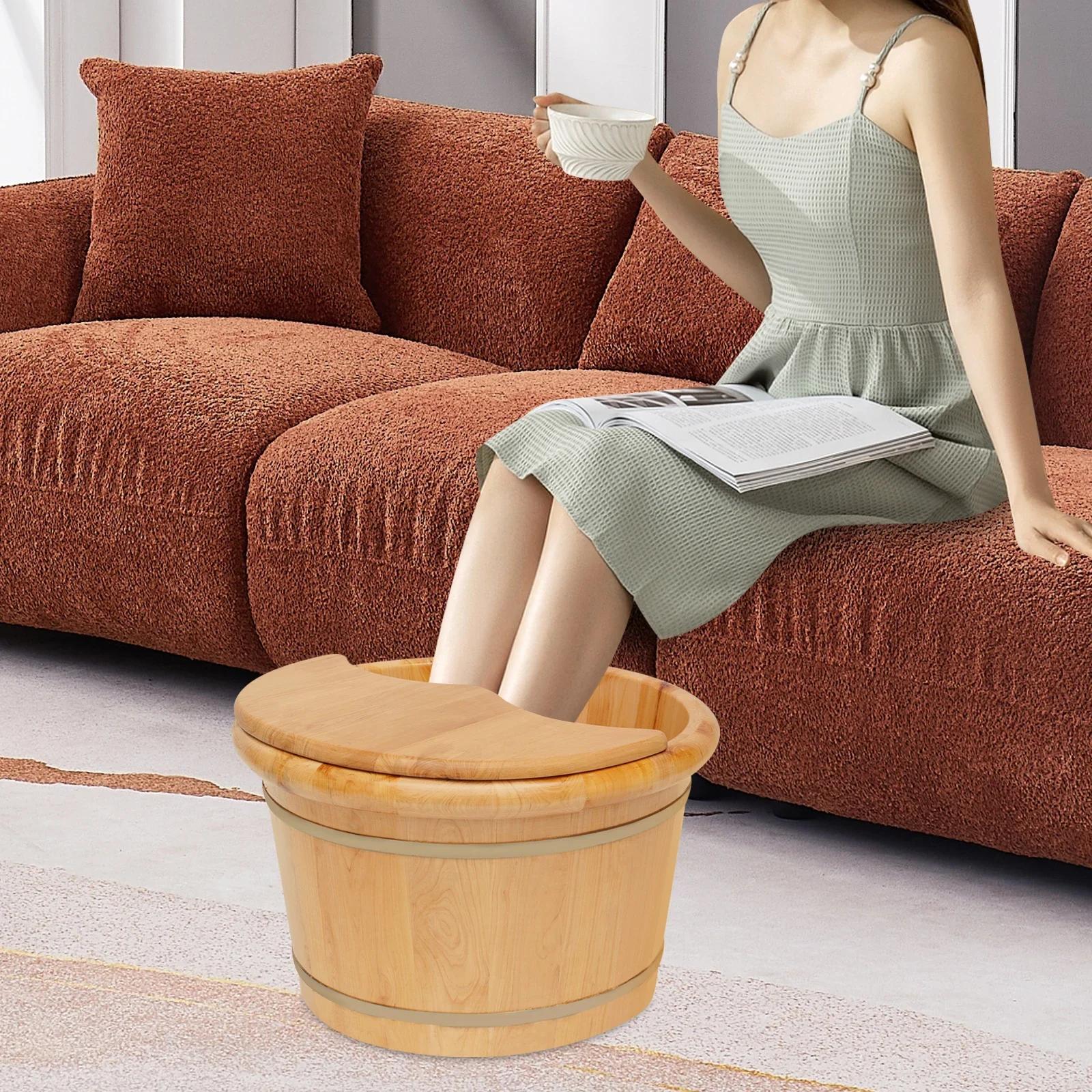 Wooden Bucket Foot Bath Massager Bucket Foot Basin with Massage Rollers and Lid Cedar Wood Wooden Basin for Foot Bath Washing marrone