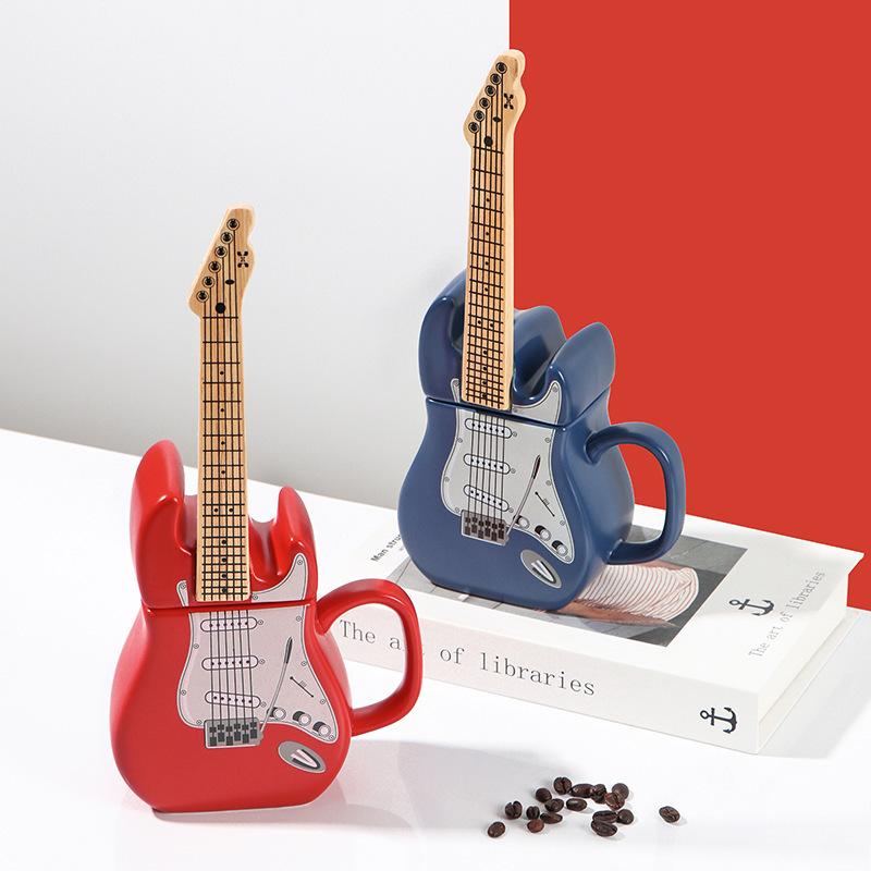 Electric Guitar Shaped Ceramic Mug with Music Notes , 3D Novelty Coffee Cup for Music Lovers, Vibrant Red/Blue Design, Durable Gift for Musicians,