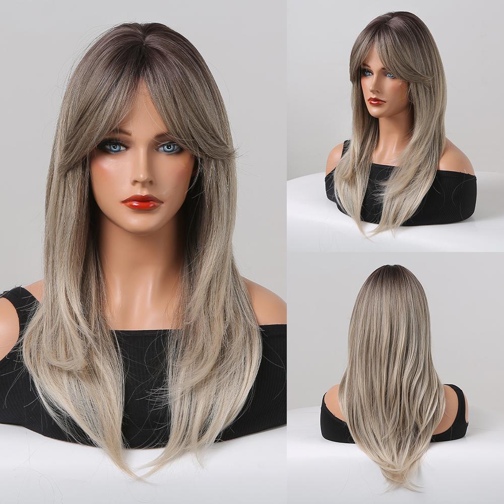 Synthetic Wigs Long Natural Wavy Wig Ombre Brown Golden Highlight Blonde Layered Hair with Side Bangs for Women Heat Resistant