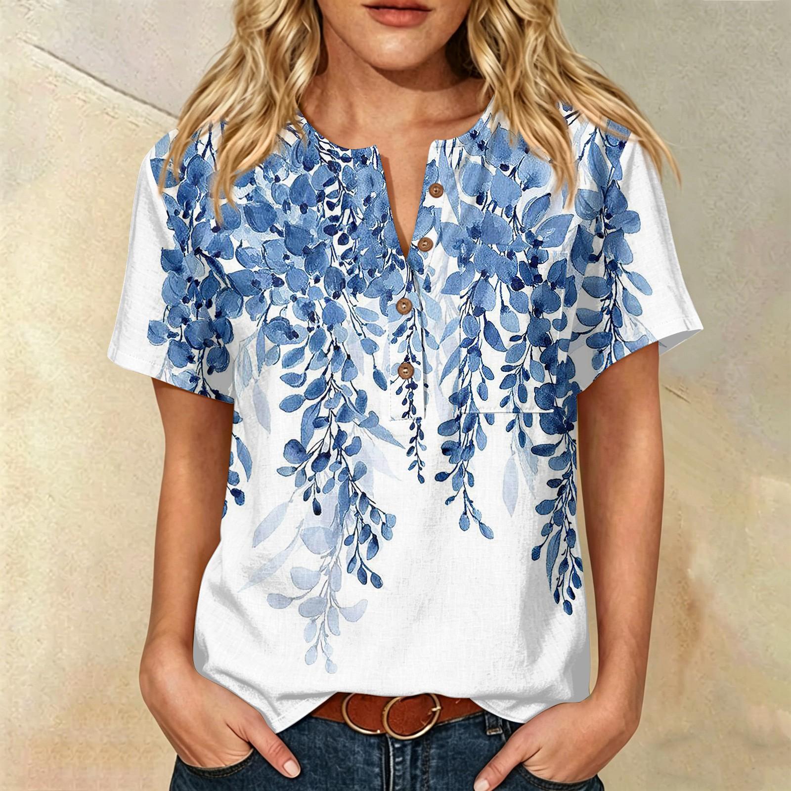 

Women’s Floral Print Cotton Linen Short Sleeve Henley Shirt with Chest Pocket Casual Loose Fit Button Neck Top XXXL синий