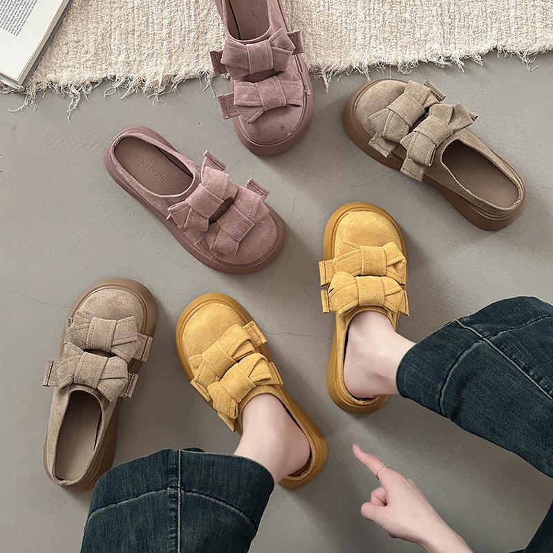 Design sense versatile single shoes bow thick-soled bag head half slippers women's summer fashion solid color suede lazy slippers