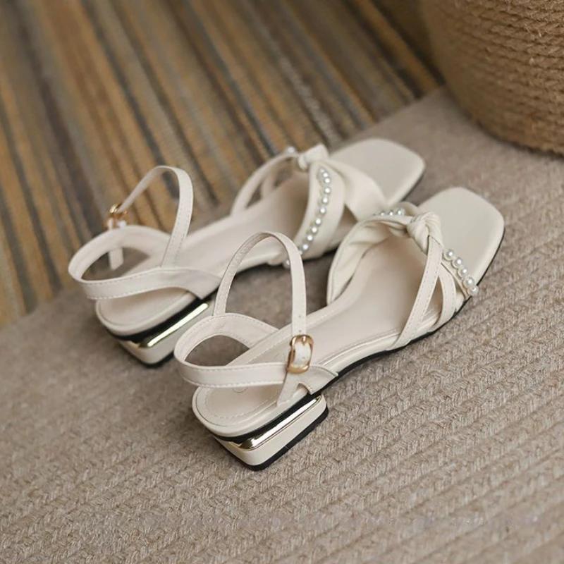 Fashion With Low Heels Footwear One Word Block Heel Pearl White Sandals for Women Summer 2024 Ladies Shoes New Breathable Fashion Sale F