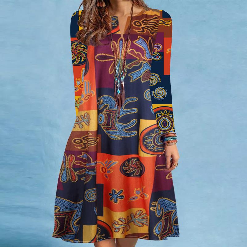 

Женское платье с принтом весна/лето с длинными рукавами, V-образным вырезом, свободным кроем, с длинными рукавами, средней длины XXL