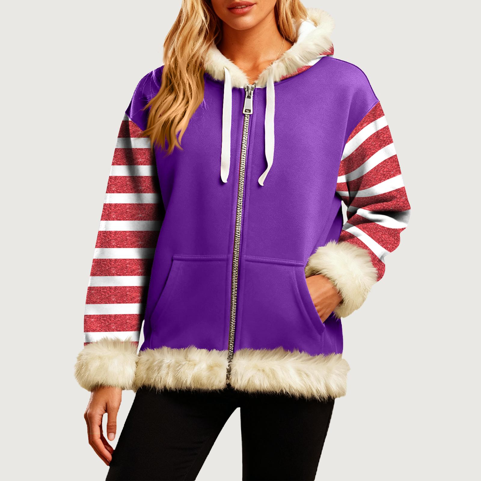 

Women s Comfortable Loose Fashion Casual Striped Print Long Sleeve Pockets Hooded Sweatshirt Jacket S фіолетовий