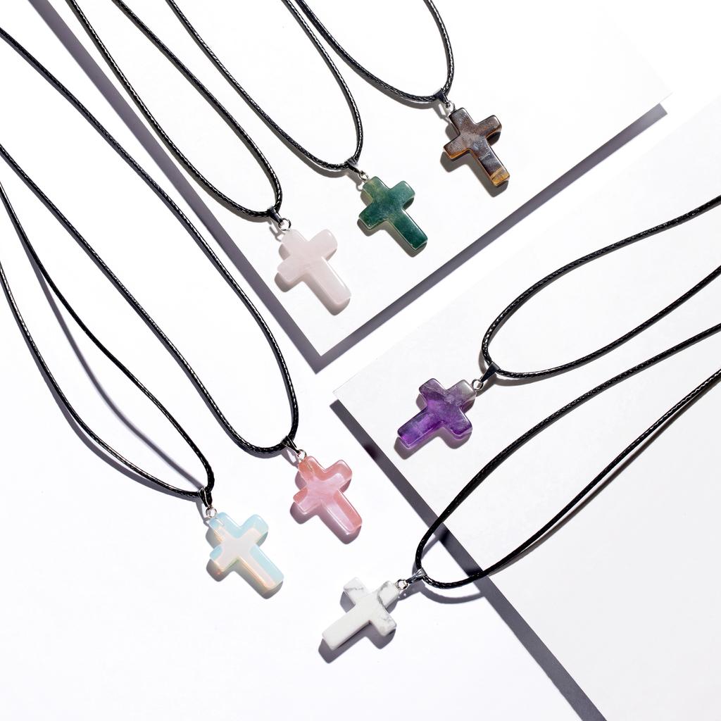 Natural Stone Cross Pendant Necklace Women Men 18inch Black Leather Cord Custom Crystal Choker Chakra Jewelry Findings