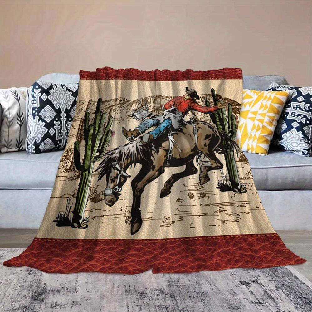 Luxurious Rustic Western Flannel Throw Blanket - Vintage Farmhouse Cow & Cactus Design, Ultra-Soft, Colorful Fuzzy Blanket