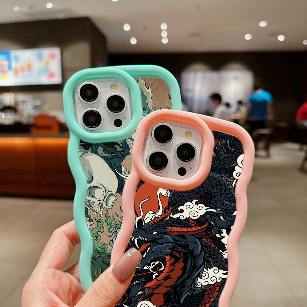 Macaron Big Wave Soft Phone Case für iPhone 11 12 13 14 15 Samsung A13 A14 A15 A23 A24 A25 A54 A55 Xiaomi Redmi Note 13 12C Cover A33 Drachendesign