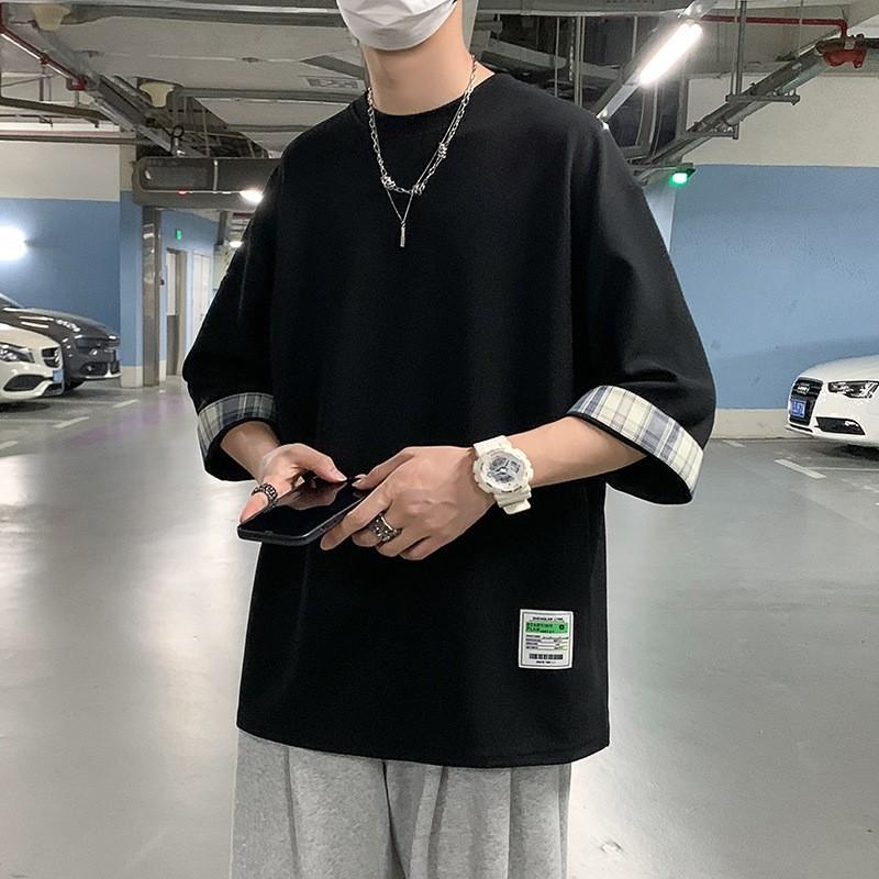 Men T Shirts Summer Men's T-shirts Women Oversized Korean Style Loose Plaid T-shirt Casual Seven Sleeves T-Shirt Male White