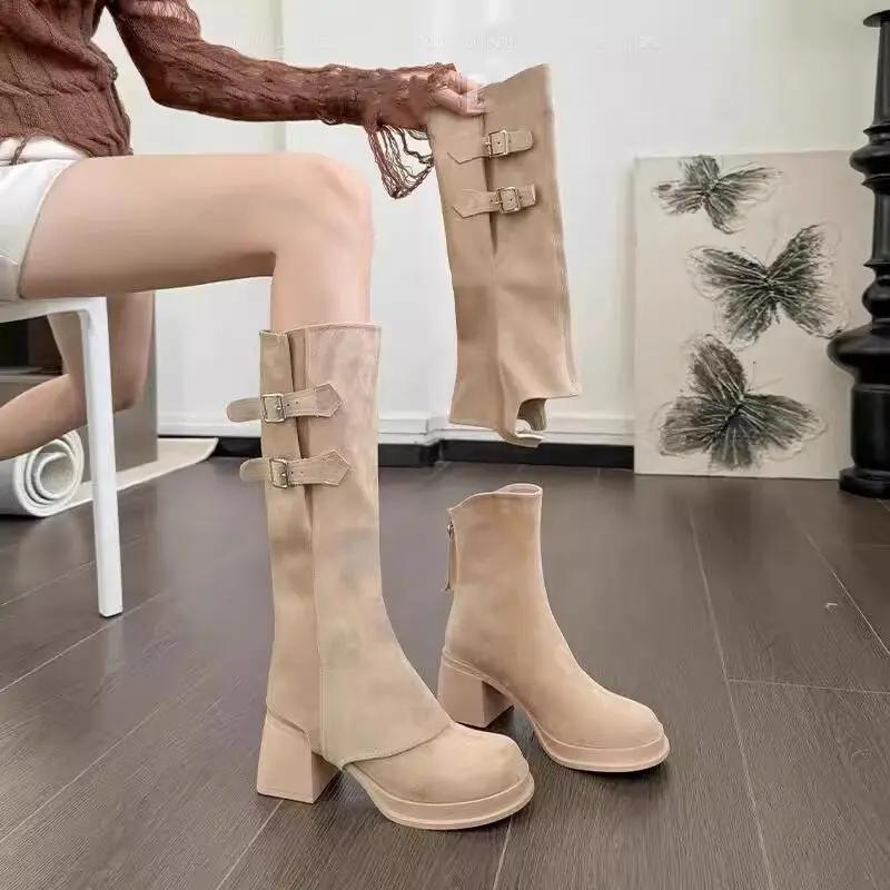Fashion Cow Suede Knee-high Modern Boots Slip-on Buckle Shoes Female 2025 High Quality High Heel Square Heel Novelty Women's Boots