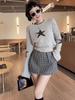 Women's Star Embroidery Contrast Round Neck Sweater - Slim Fit, Versatile Autumn/Winter Knit Top