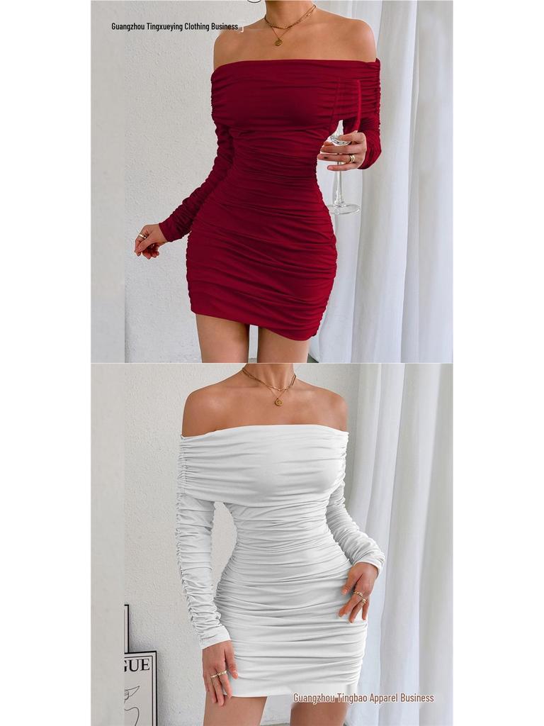 Autumn/Winter One-Shoulder Long Sleeve Pleated Slim-fit Dress for Women