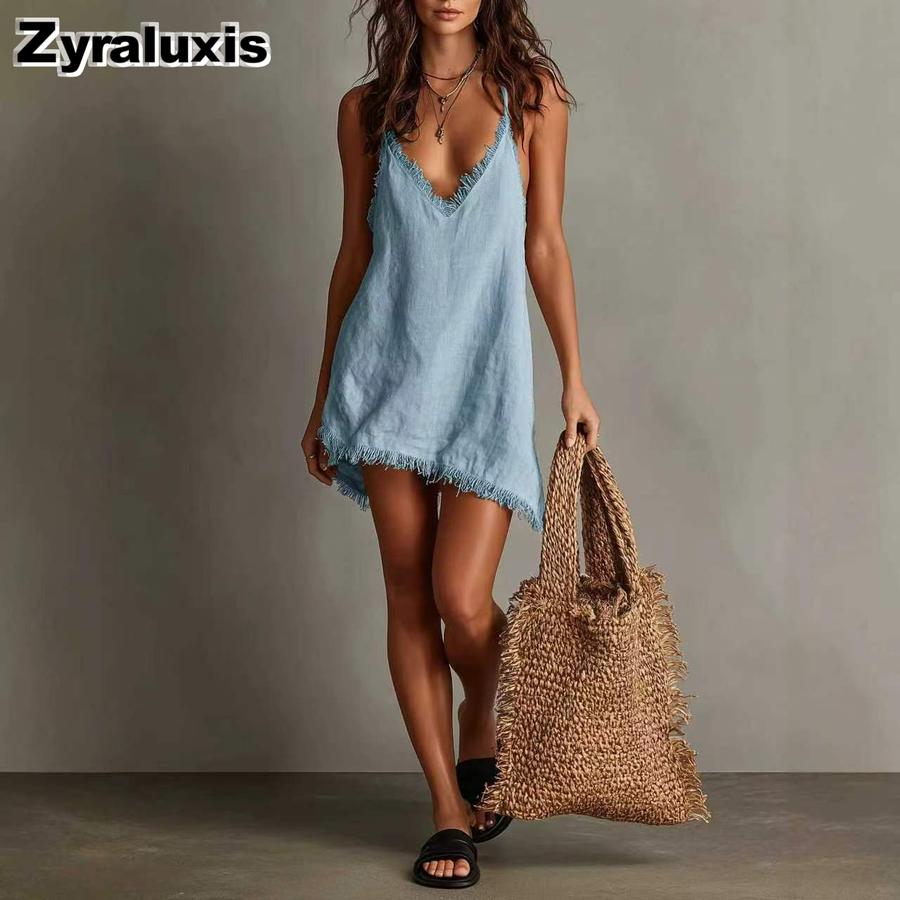 Rochie Mini Nouă cu Guler Fals, Culoare Uni, cu Volane, pentru Vacanță și Plajă