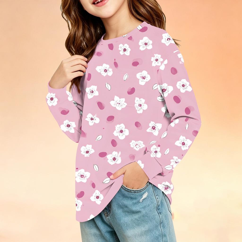 Kids Long Sleeve Printed Round Neck T-Shirt with Pocket Casual Top