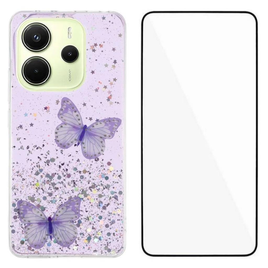 For Xiaomi Redmi Note 14 4G (163.25x76.55x8.16mm) TPU Case WANLONFENG AW Series PVC Butterfly Epoxy Phone Cover with HD Film