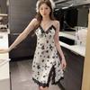 Women's summer print new sexy ice silk nightdress suspender skirt split fork pure desire pajamas with chest pads loungewear