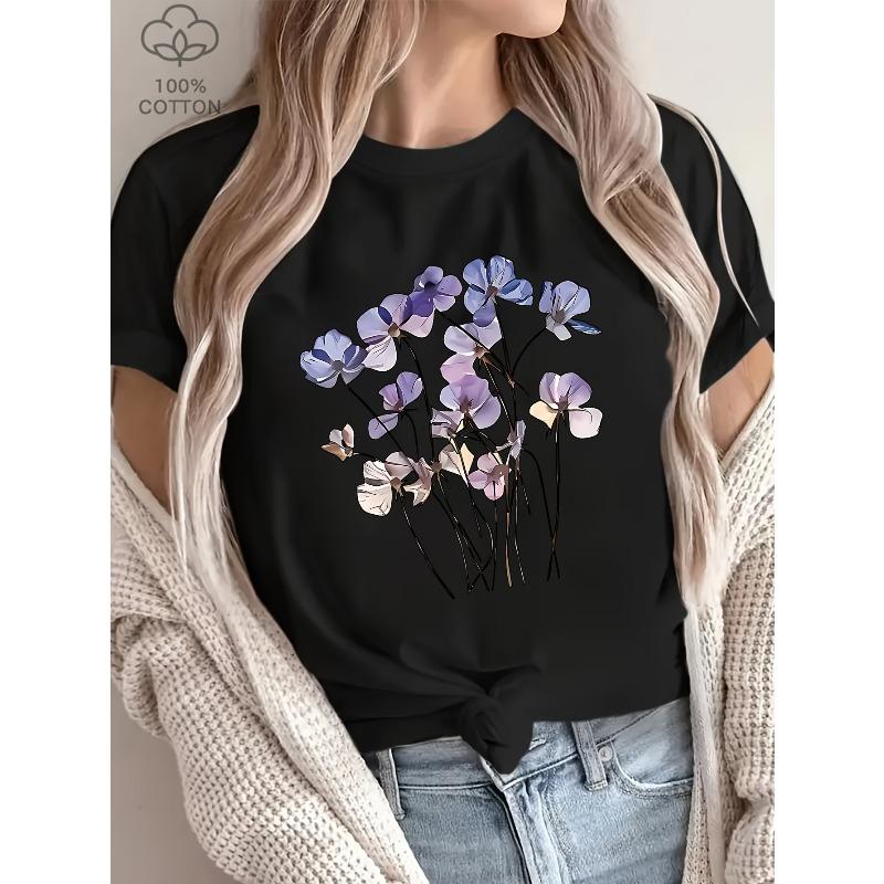 European Size Women'S Floral Print T-Shirt - Short Sleeve,Round Neck,Casual Spring/Summer Top with Vibrant Purple & Blue Flower Design,Everyday Tshirt
