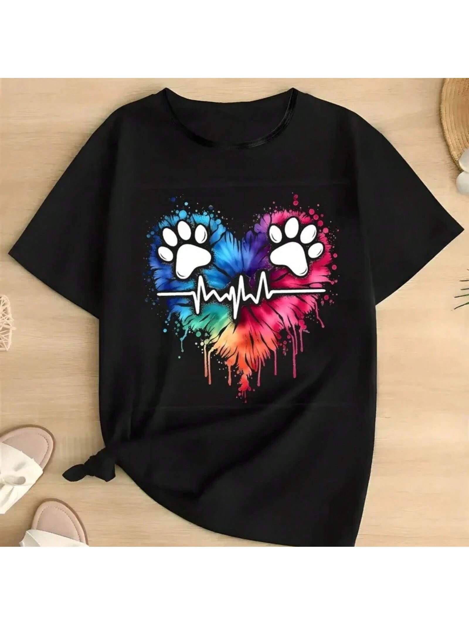 s Plus Size T-Shirt, Casual Crew Neck, Short Sleeve,Geometric Paw & Heart Print, Regular Fit, Fashion S разноцветный