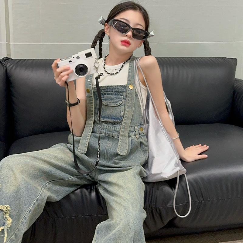 Girls' Overalls Summer Children's Jeans Versatile Mid Size Kids Pants Pocket Splicing Street Style Trousers