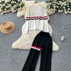 Autumn Winter Women Striped Knitted Sweater Vintage Two Piece Trouser Set V-neck Pullover Tops and Wide Leg Pant Suit