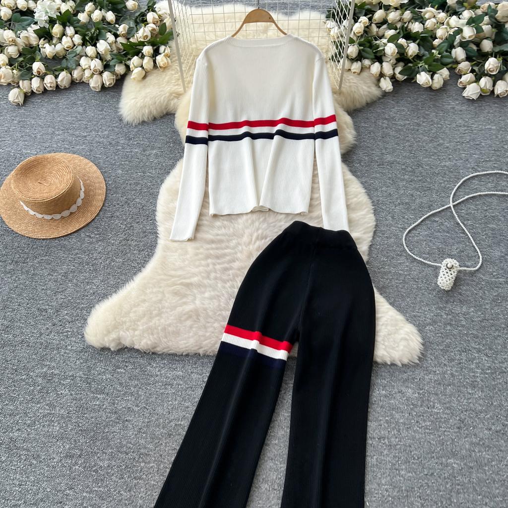 Autumn Winter Women Striped Knitted Sweater Vintage Two Piece Trouser Set V-neck Pullover Tops and Wide Leg Pant Suit