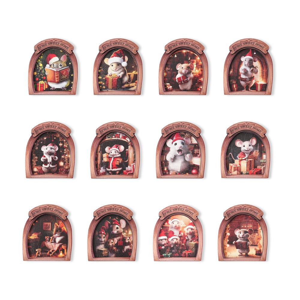 MZCT181-192 3D Wooden Christmas Mouse Hole Refrigerator Magnet & Memo Holder
