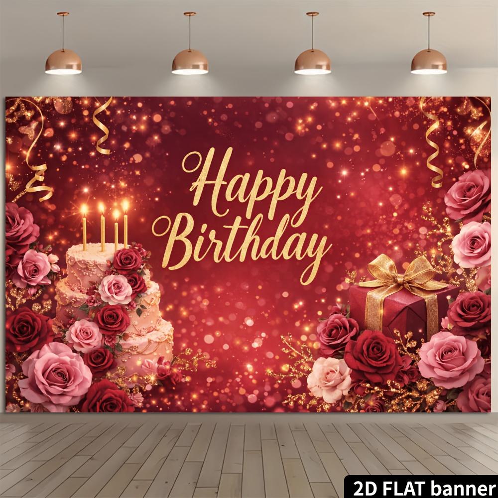 2D plane, 1 birthday party banner background, red and gold shining birthday theme, rose-decorated multi-layer birthday cake