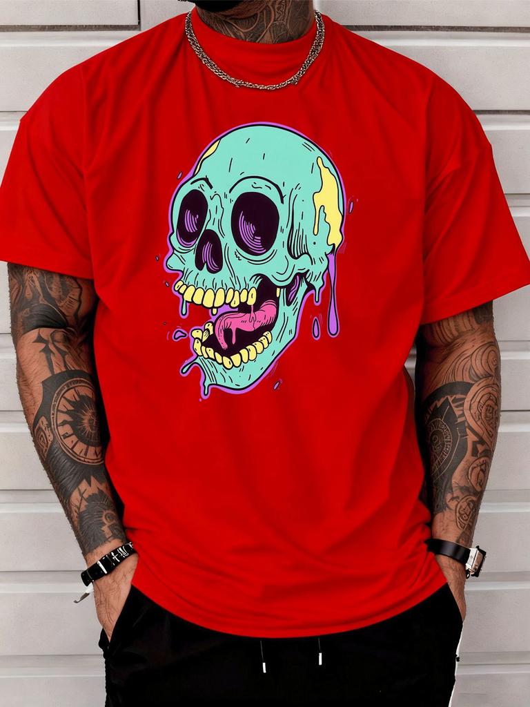 Unisex Summer Neon Drip Skull Print T Shirt Streetwear Crew Neck Soft Breathable Hip Hop Punk Top Male Daily Short Sleeve Tee