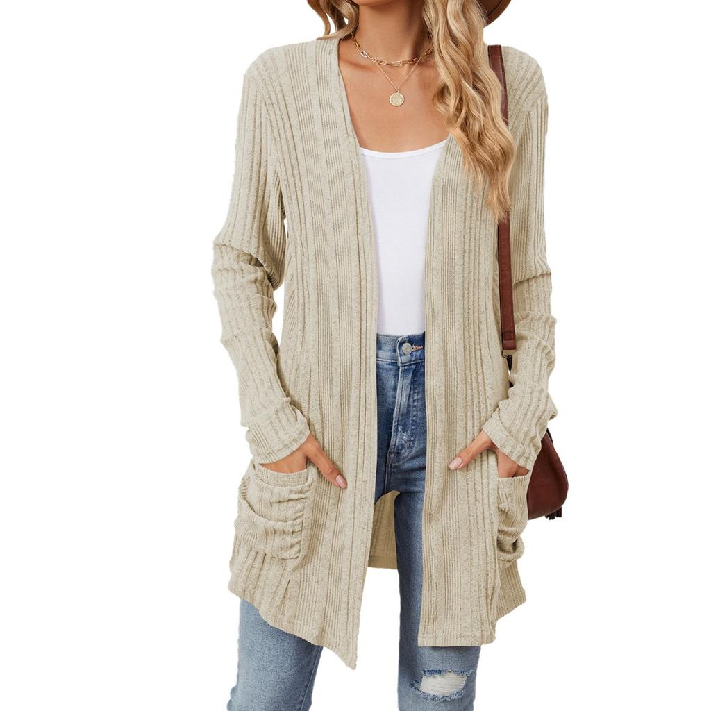 Fall Winter Women's Solid Color Ribbed Brushed Pocket Cardigan Long Sleeve Jacket, Leisure Foreign Trade for Europe America