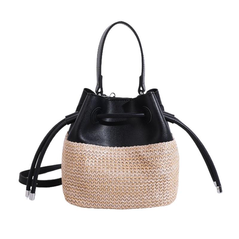 Neue Mode Damen Handgewebt +Leder Kleine Handtasche Große Kapazität Kordelzug Lässig Strand Schultertasche Luxusmarke Umhängetasche