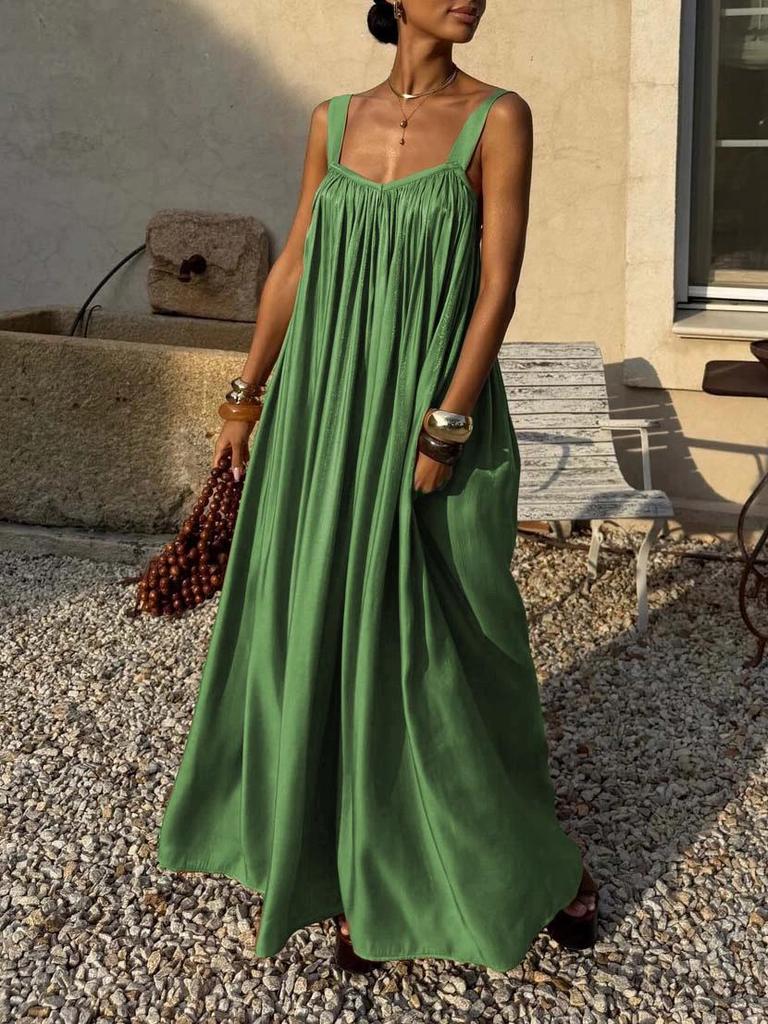 Elegant French Pleated Spaghetti Strap Summer Dress with Back Cutout