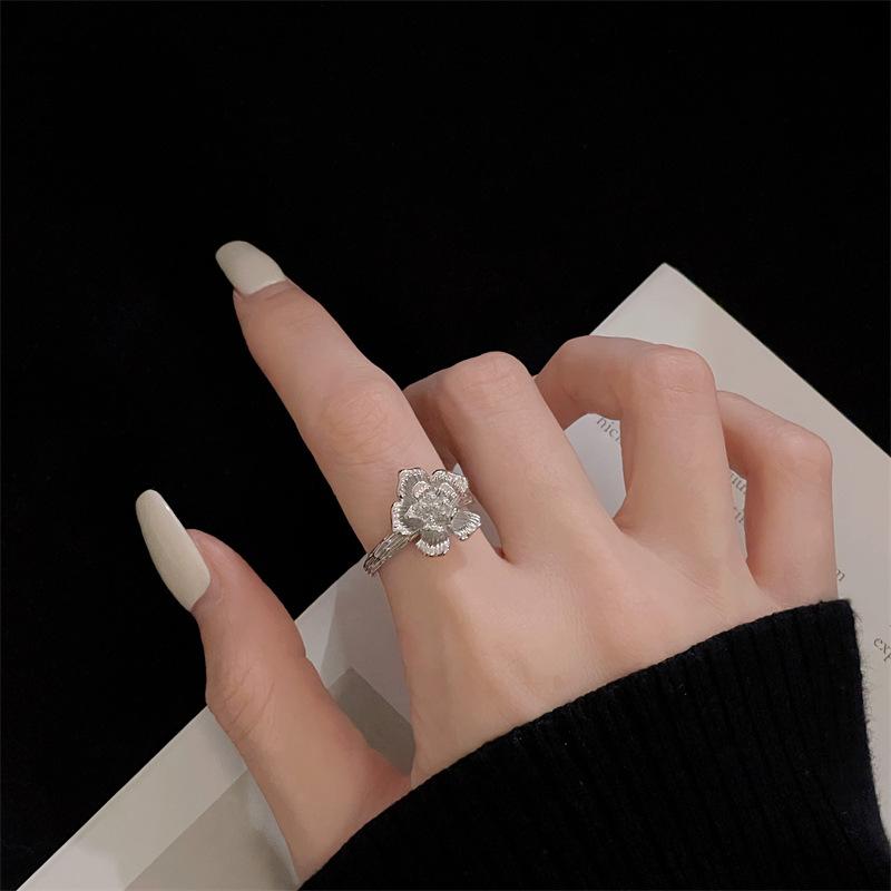 Brushed Fashion Flower Series Open Ring Fashion Niche Design Girlfriend Ring Adjustable opening