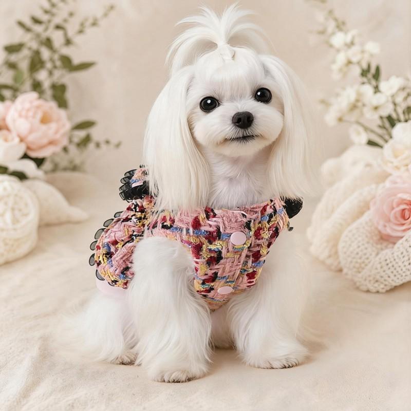 Pet Plaid Dress With Harness Loop Small Dogs Cats Winter Warm Princess Style
