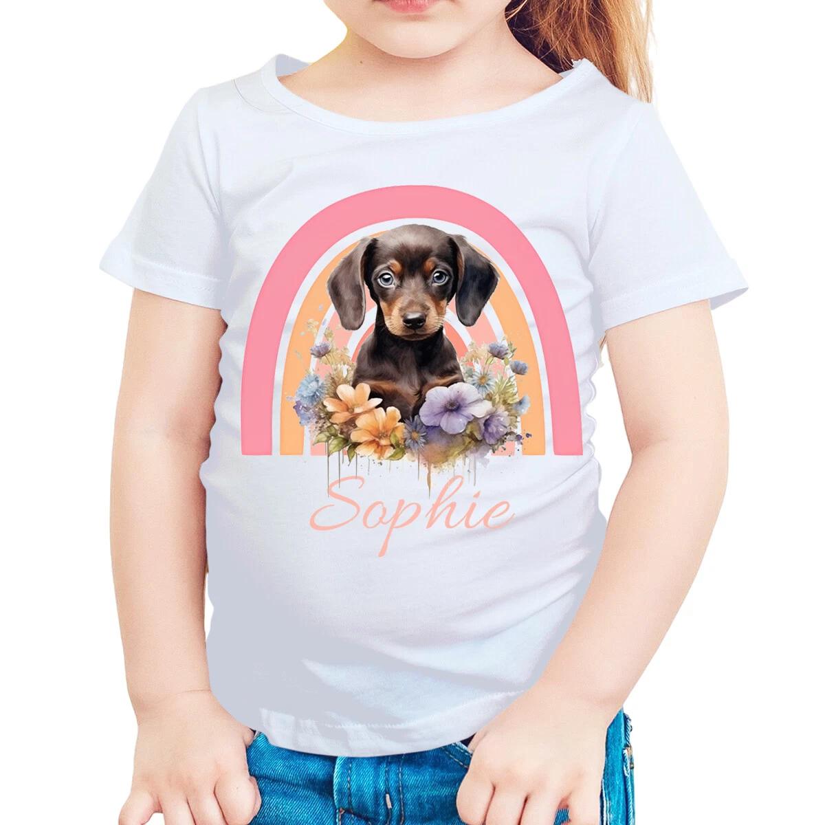 

Customisable Dachshund Puppy T-Shirt Personalize with Name Kids Girls Top#TA-195 100