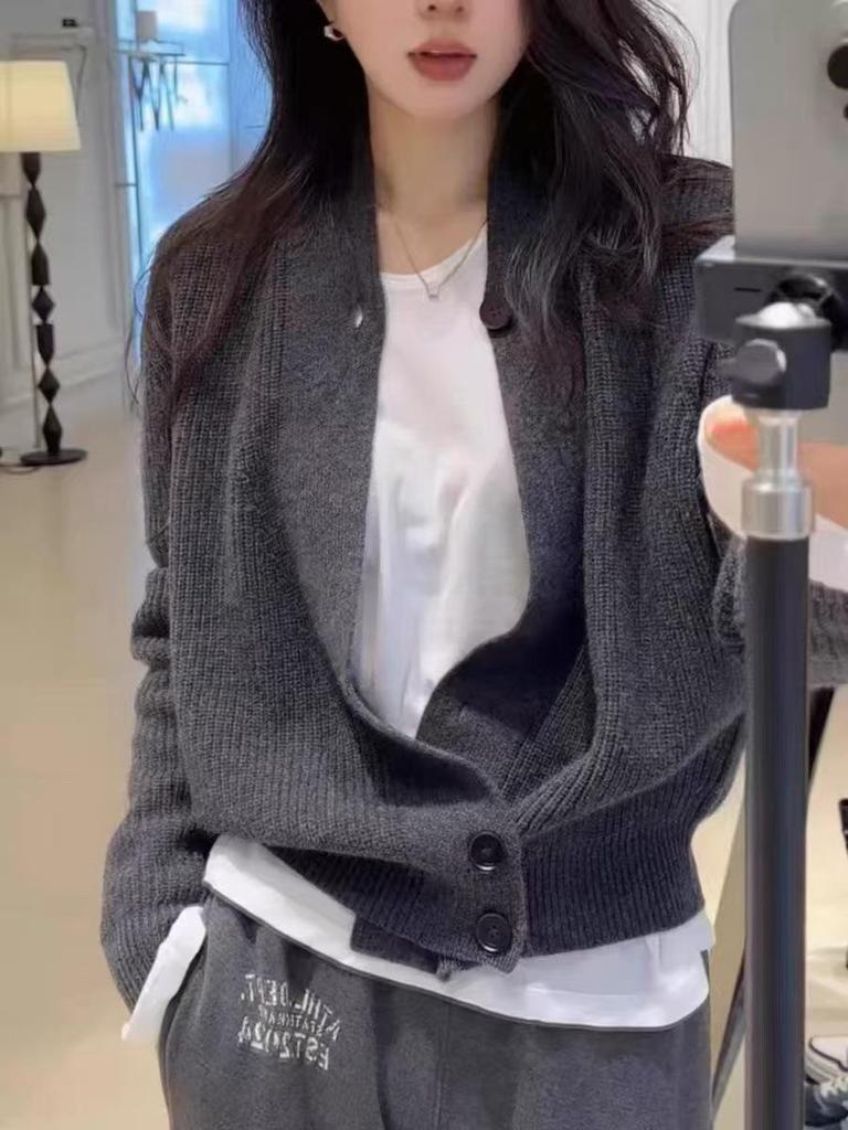 Grey 100% Pure Wool Cardigan Coat – Autumn/Winter Knit Cashmere Sweater