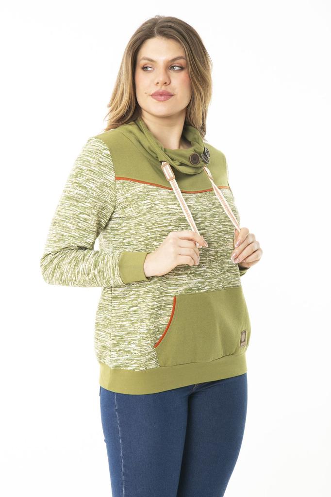 Women's Style Big Size Sweatshirt Large Size Eyelet Lace And Ornamental Button Detailed Kangaroo Pocket High Collar Sweatshirt