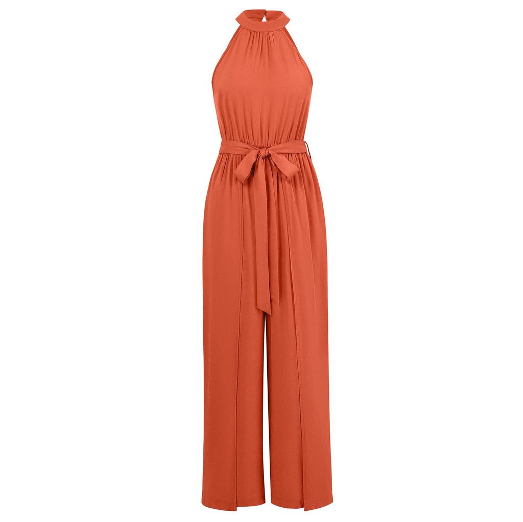 Damen Sommer Casual Einfarbig Ärmellos Neckholder Jumpsuit Lose Hohe Taille Gürtel Weite Beinhose Jumpsuits