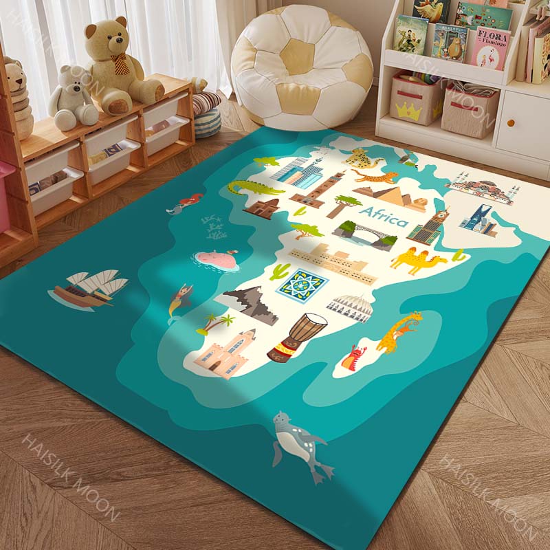 Cartoon Map of Five Continents with Animals Print Carpet for Living Room Bedroom Sofa Doormat Decor Kids Room Area Rug for Gifts