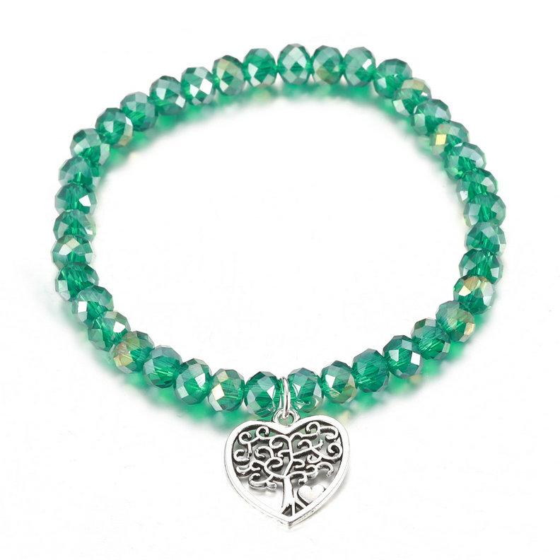 

Fashion Crystal Glass Bead Stretch Bracelets For Women With Heart Tree Of Life Charm Elastic Bangles Bracelets Zircon Gift зелений