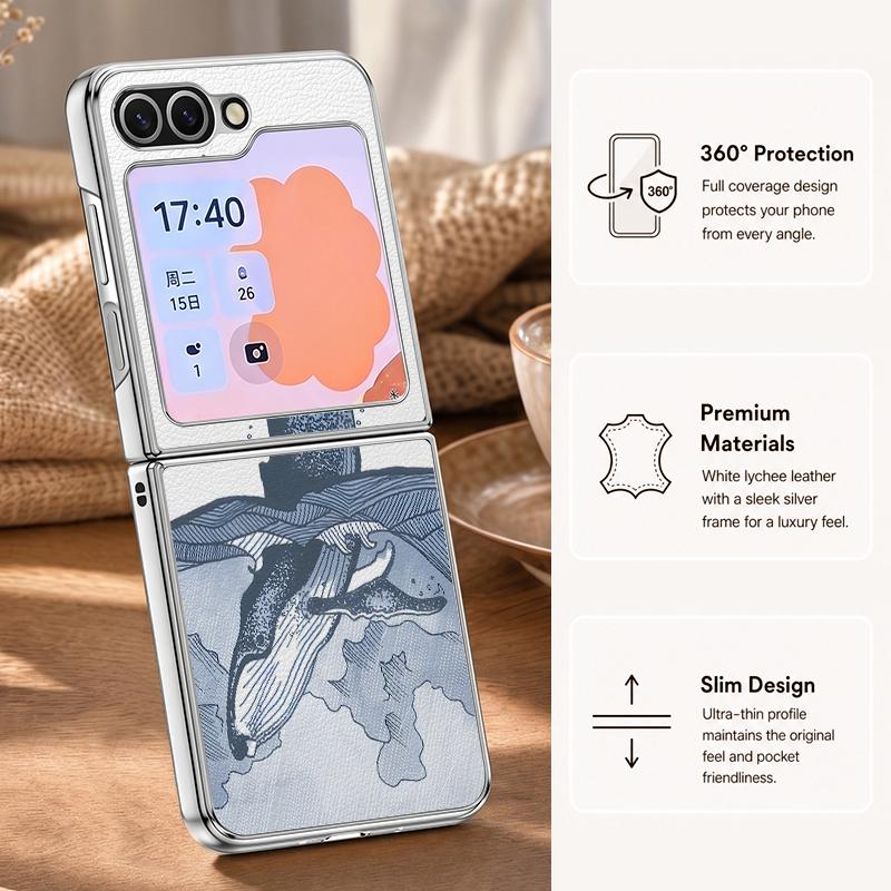 Blues Fish Whale Ocean Phone Case For Samsung Galaxy Z FlIP 7 FE 6 5 Plating PC+PU Leather Hybrid Folding Cover For Samsung Z Flip7 Flip6 Flip5