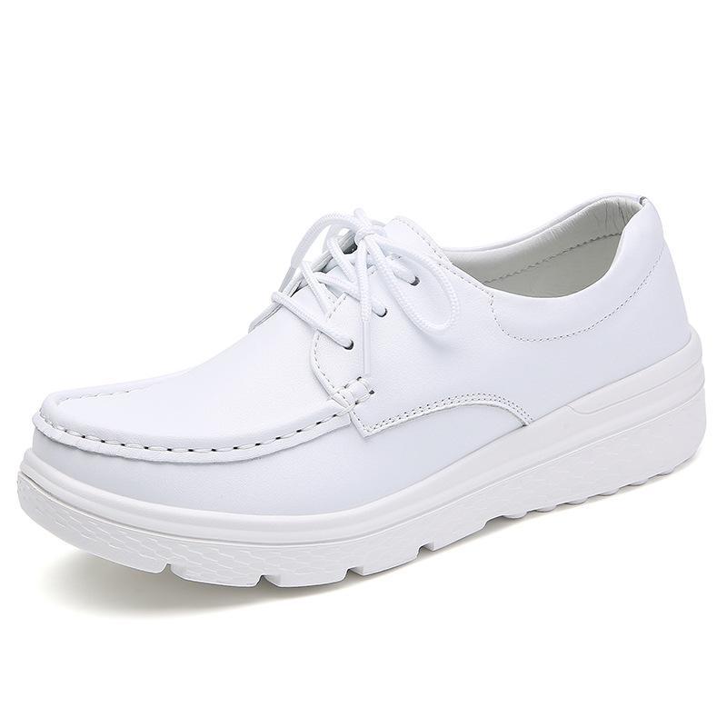 Cowhide Lace-up Nurse Shoes Women's Soft-soled Platform Work Shoes Flat-soled Comfortable, Lightweight and Breathable Casual Little White Shoes