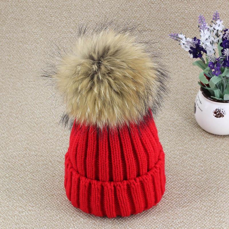 Real Winter New Raccoon Fur Hats Pom Pon Women Lady Knit Beanie Bobble Cap